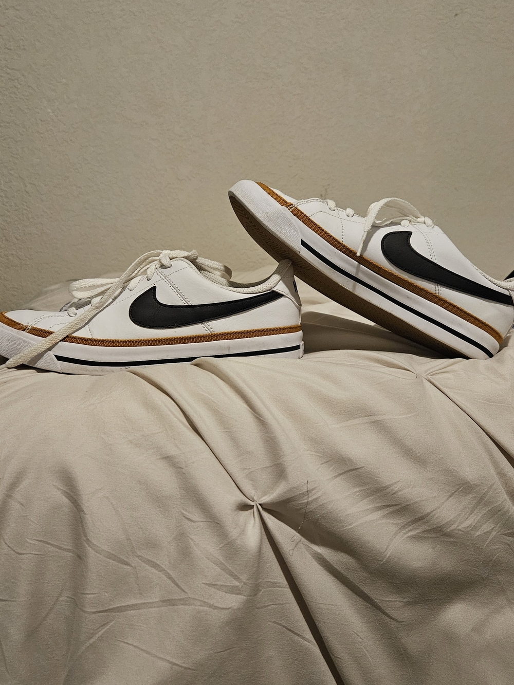 Womens Nike Court Legacy White Low-Top Sneakers with Black Swoosh and Brown Trim